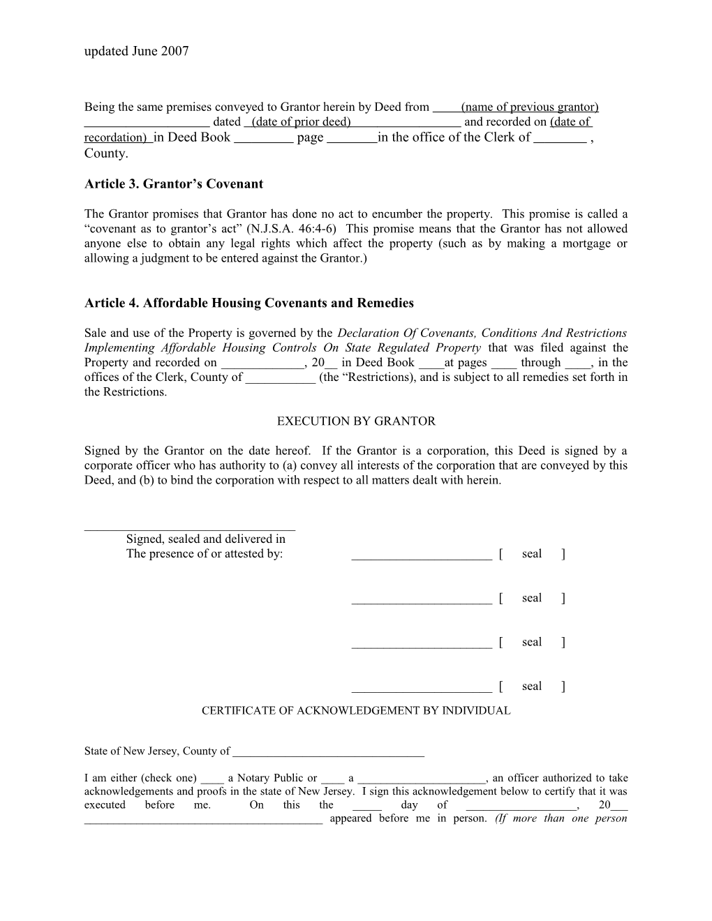 Mandatory Deed Form for Ownership Units Subject To