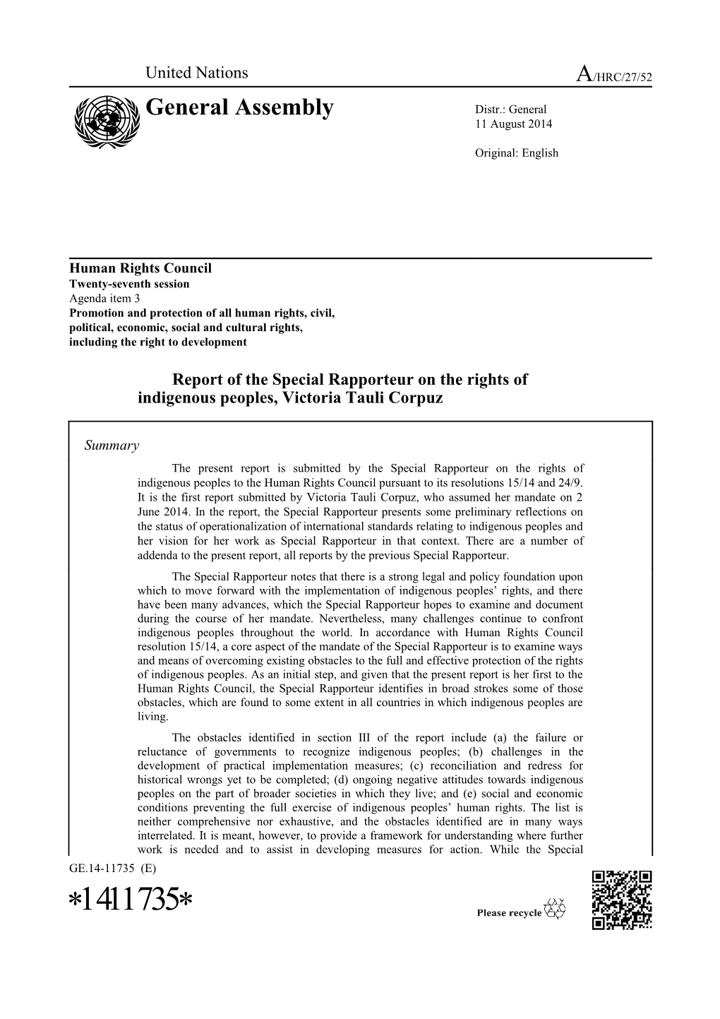 Report of the Special Rapporteur on the Rights of Indigenous Peoples in English
