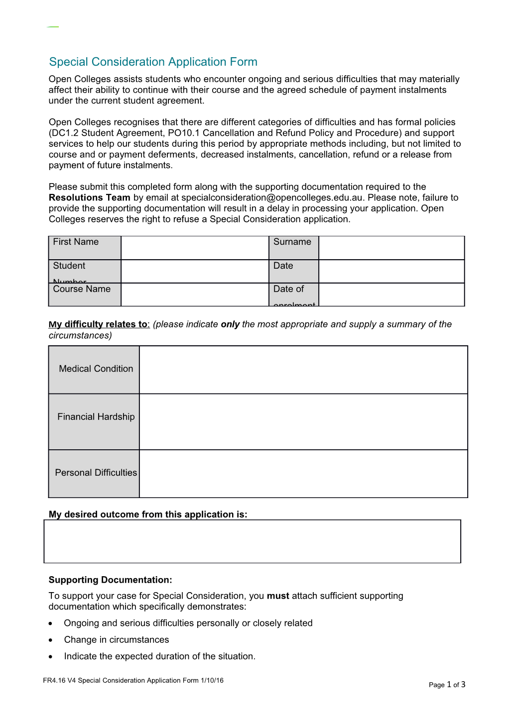 Special Consideration Application Form