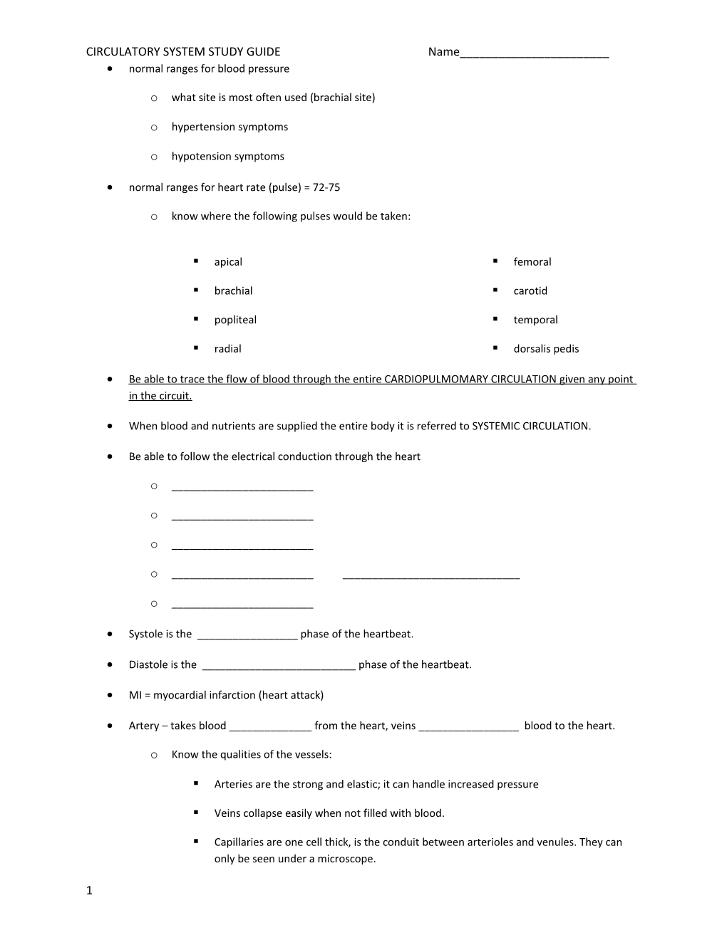 Circulatory System Study Guide