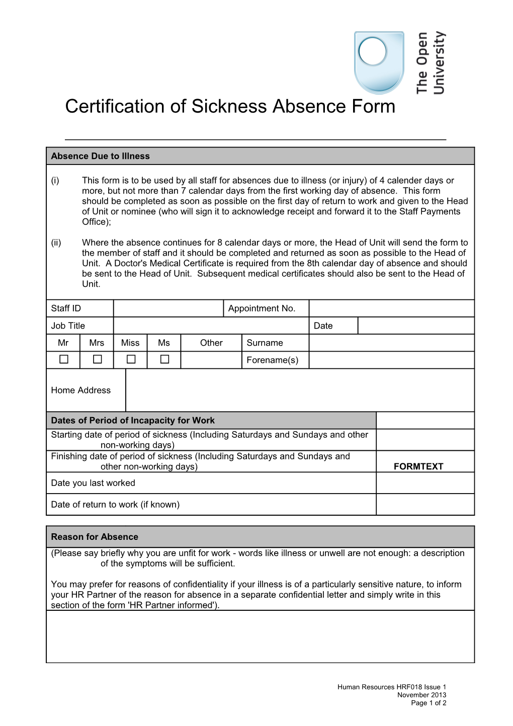 Certification of Sickness Absence Form HRF018