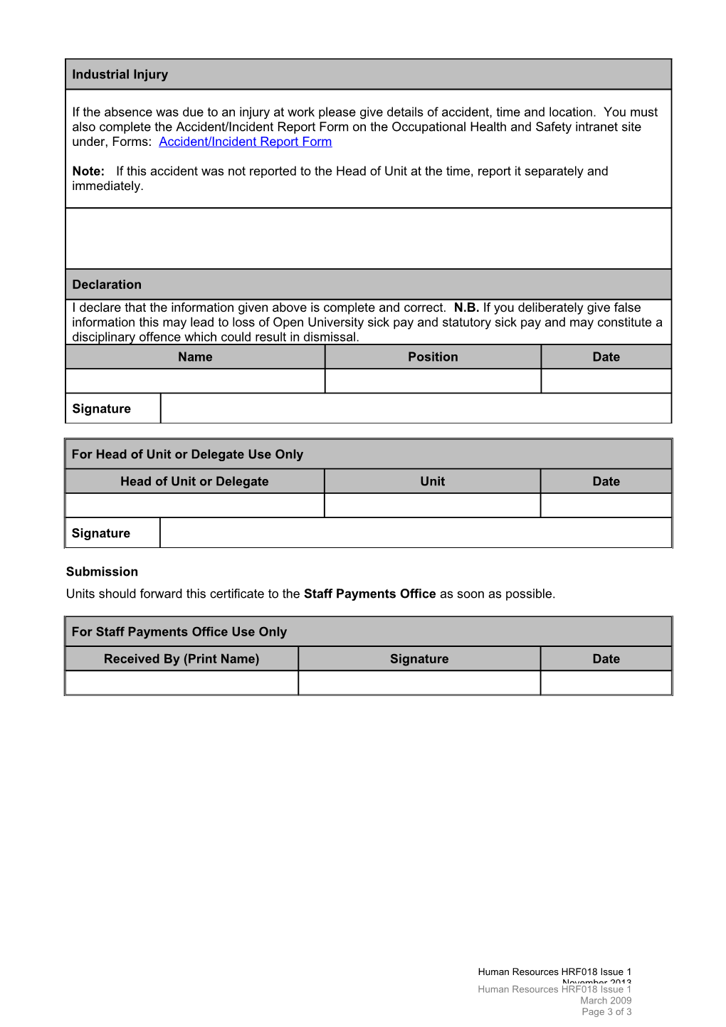 Certification of Sickness Absence Form HRF018