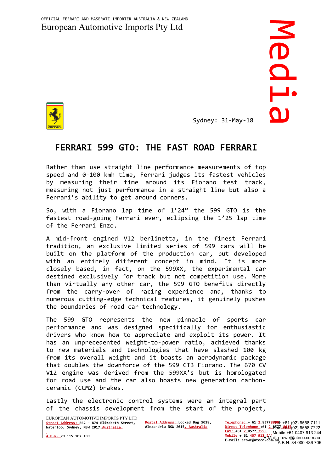 Ferrari 599 Gto: the Fast Road Ferrari