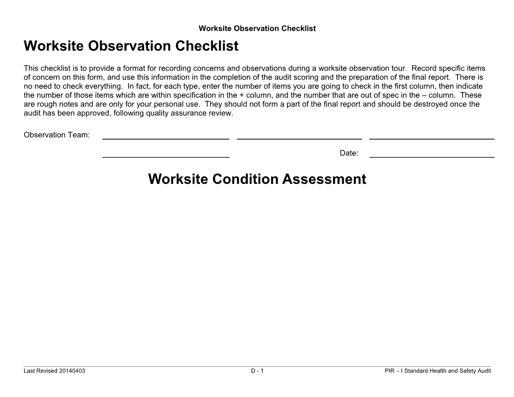 Worksite Observation Checklist