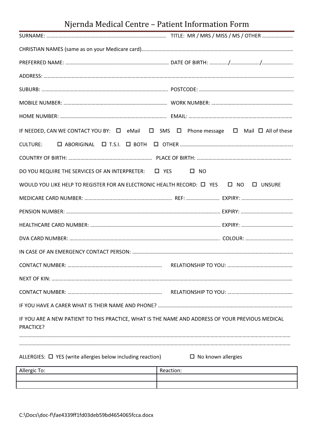 Njernda Medical Centre Patient Information Form