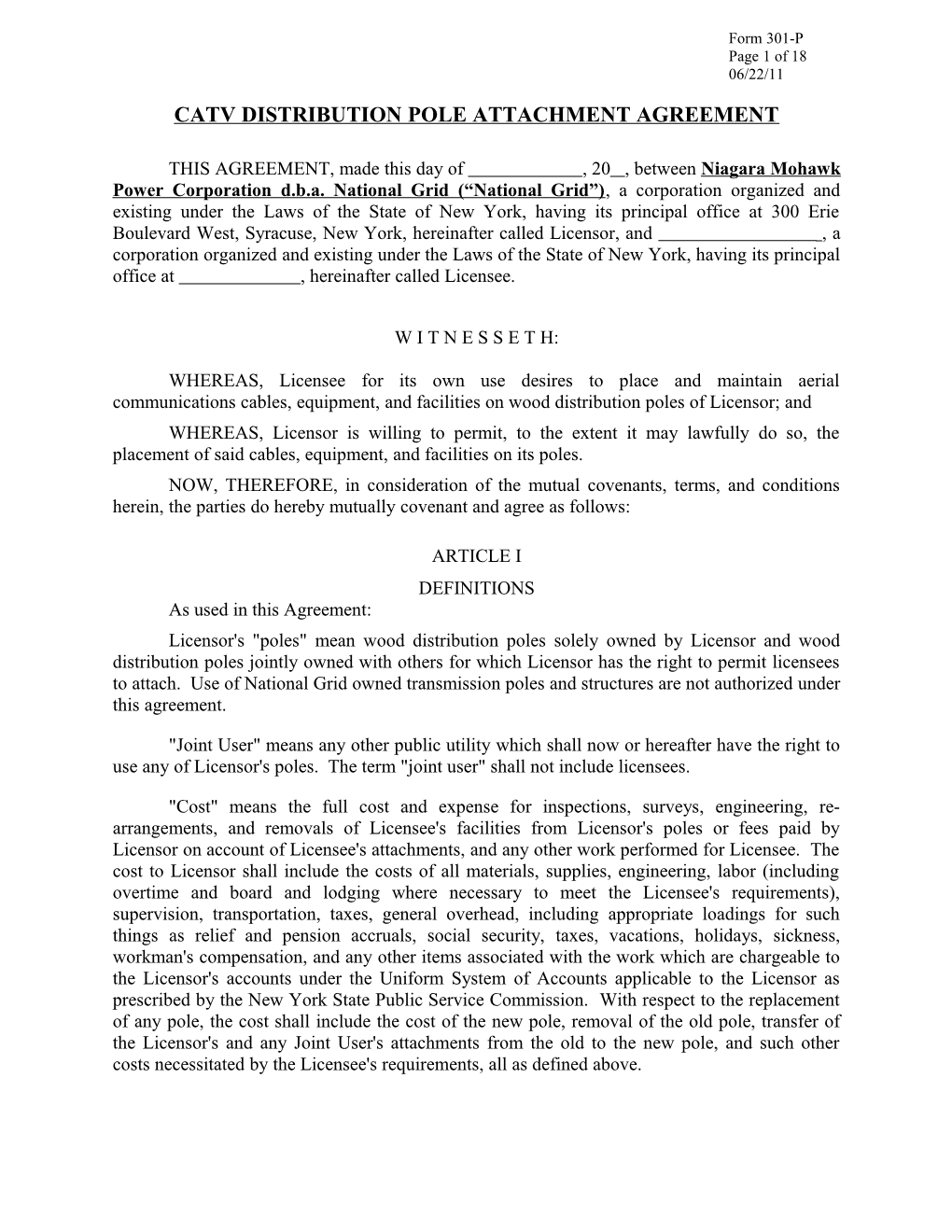 Catv Distribution Pole Attachment Agreement