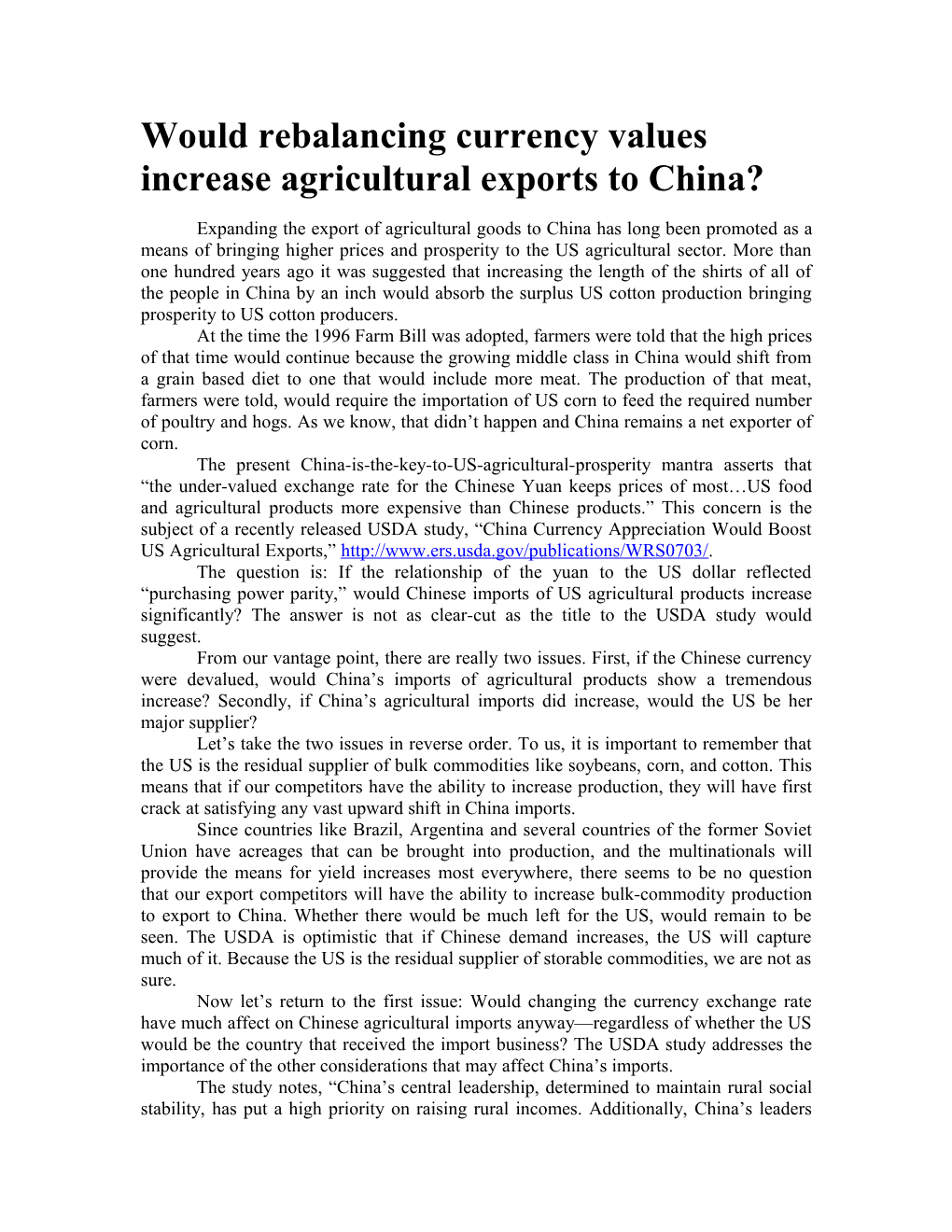 Increased Agricultural Exports to China: Hope Springs Eternal