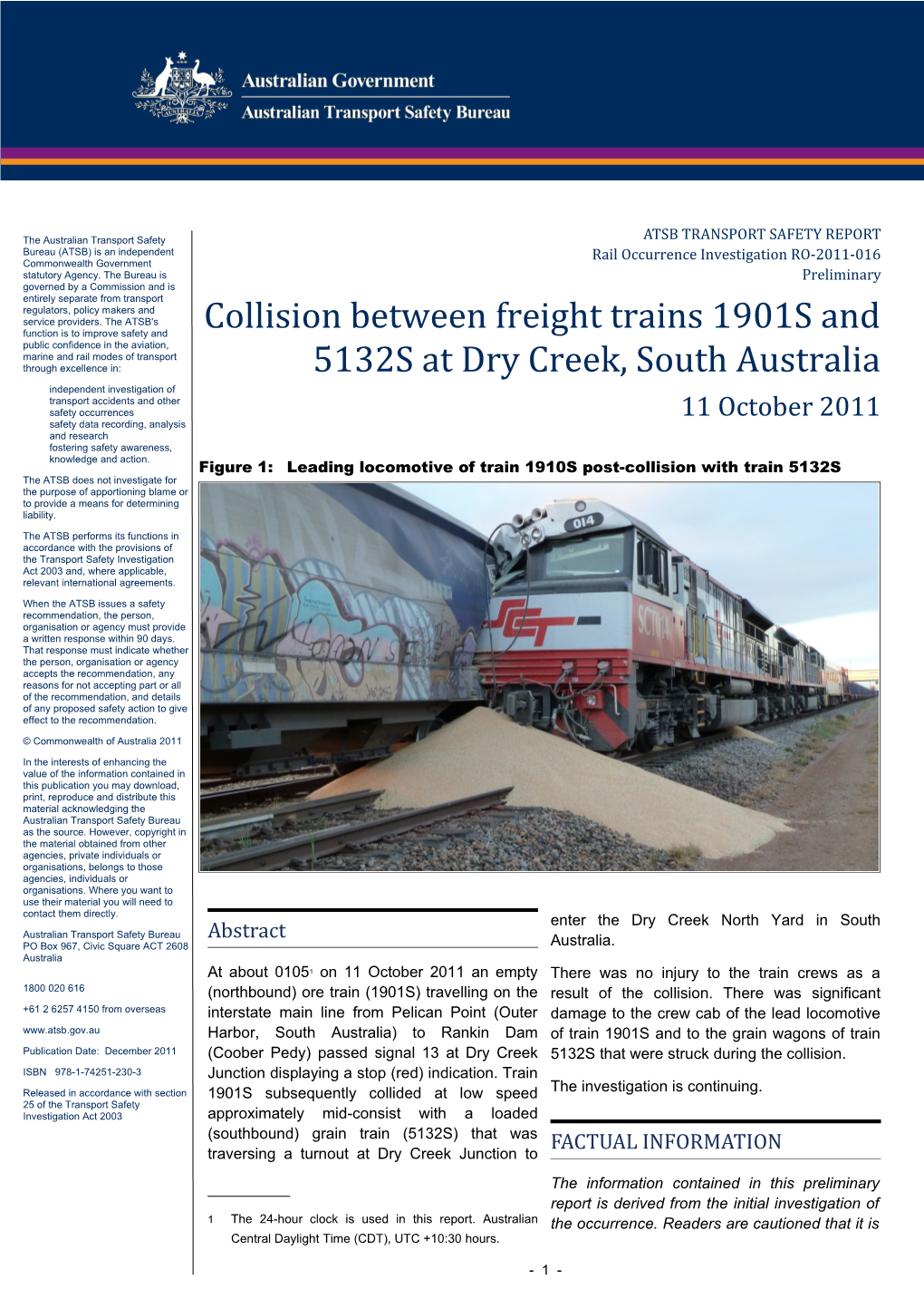Collision Between Freight Trains 1901S and 5132S at Dry Creek, South Australia 11 October