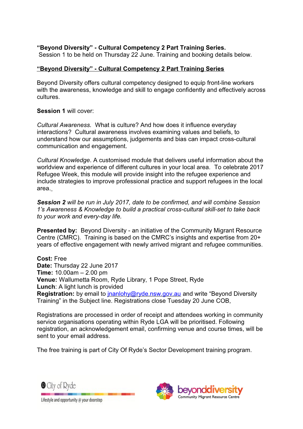 Beyond Diversity - Cultural Competency 2 Part Training Series