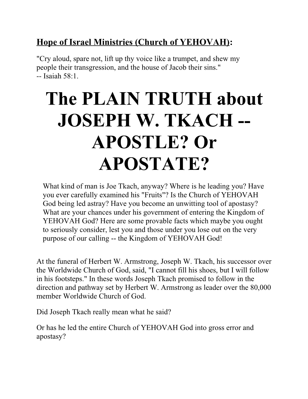 The Plain Truth About Joseph W. Tkach Apostle? Or Apostate?