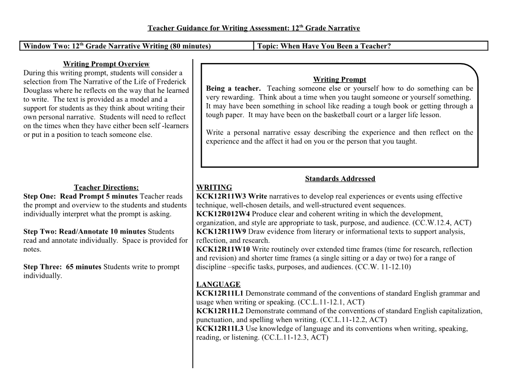 Teacher Guidance for Writing Assessment: 12Th Grade Narrative