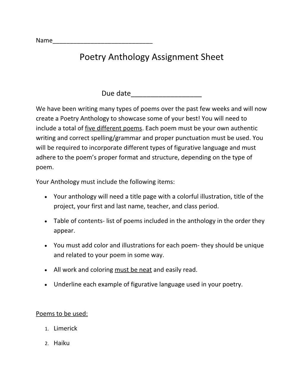 Poetry Anthology Assignment Sheet