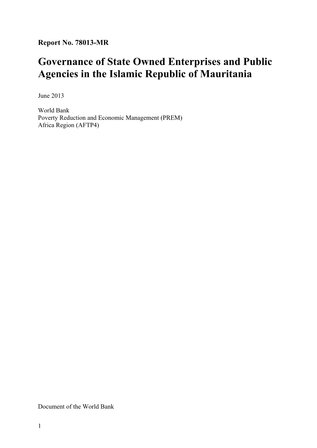 Governance of State Owned Enterprises and Public Agencies in the Islamic Republic of Mauritania