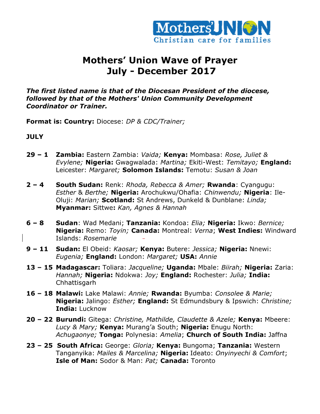 Wave of Prayer January June