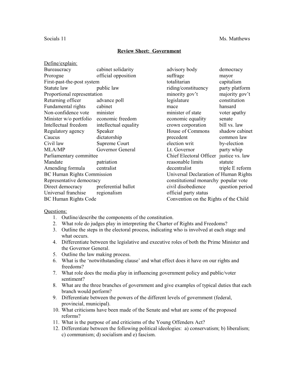 Review Sheet: Government