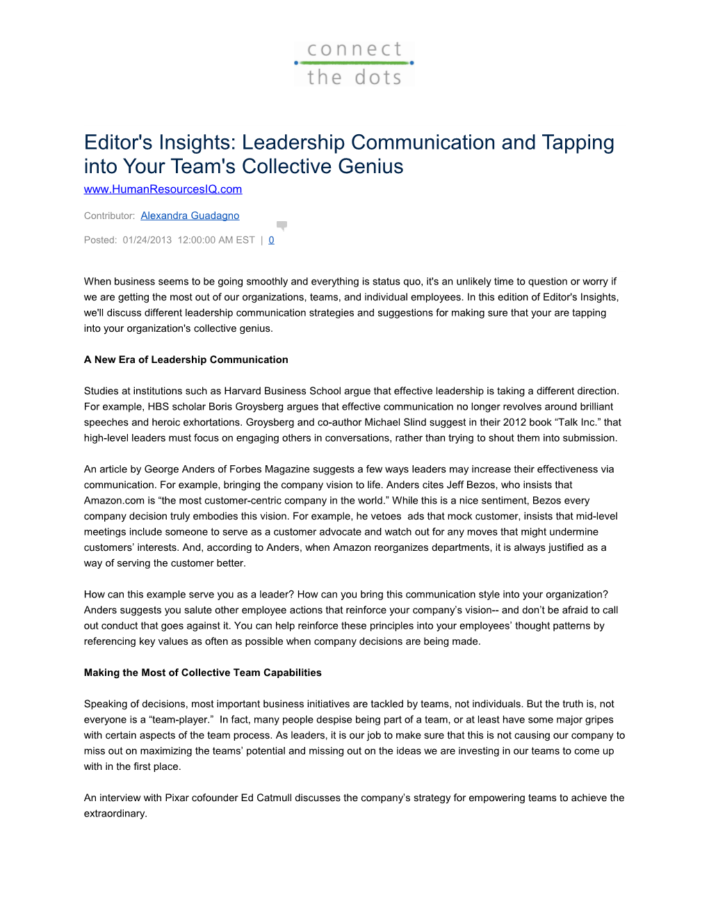 Editor's Insights: Leadership Communication and Tapping Into Your Team's Collective Genius