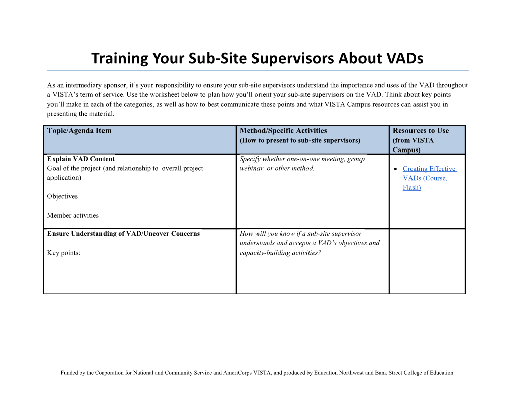 VAD Training Plan Template for Sub-Site Supervisors