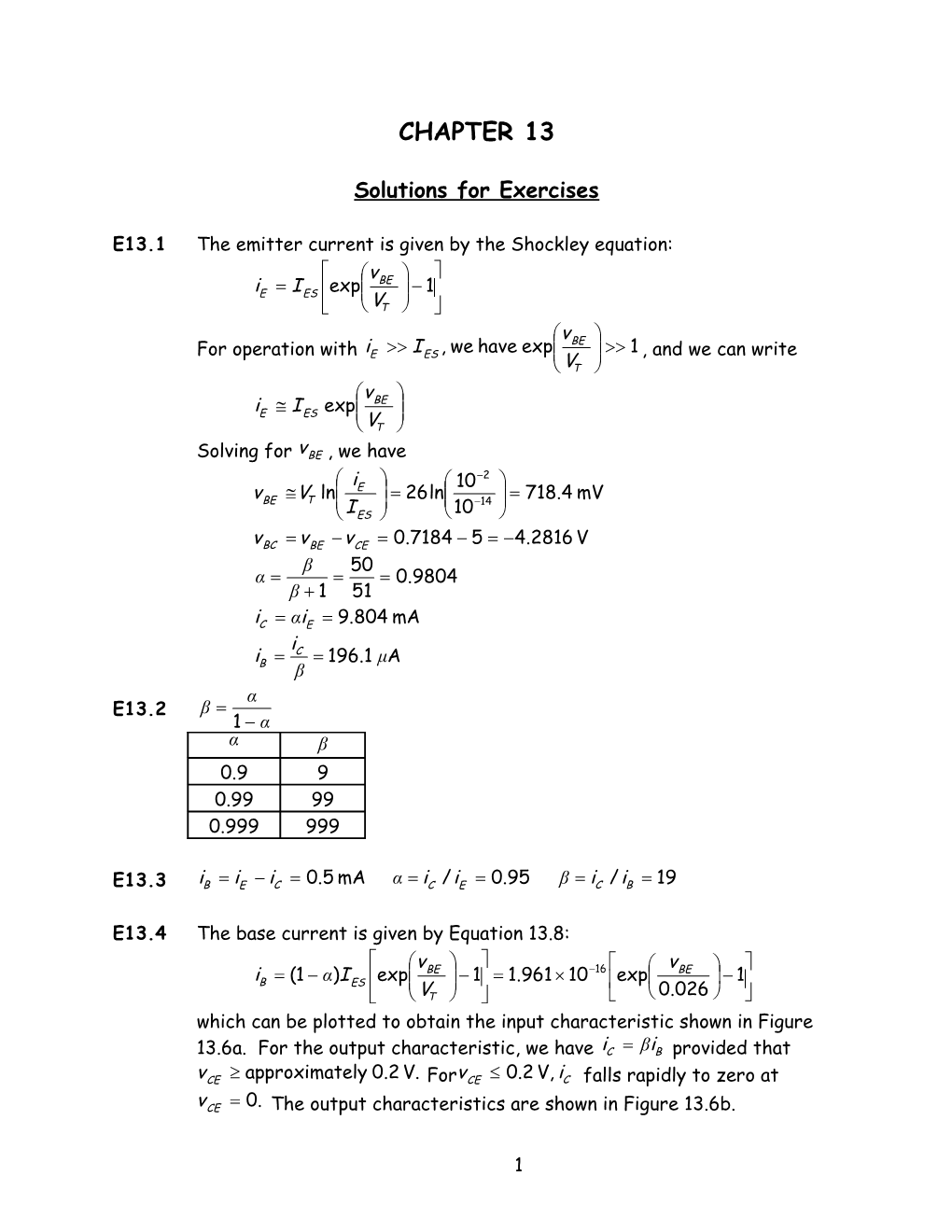 E13.1 the Emitter Current Is Given by the Shockley Equation