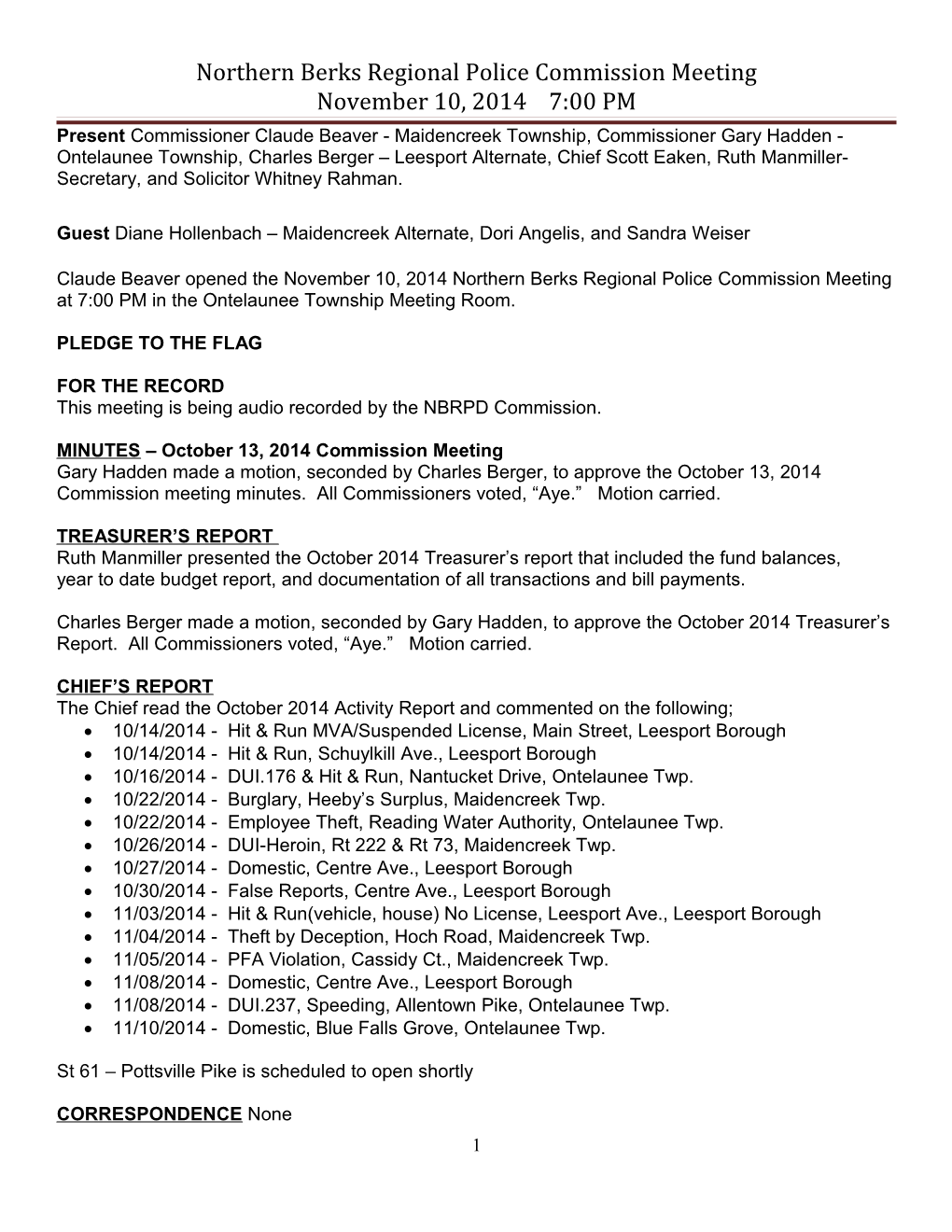 Northern Berks Regional Police Commission Meeting November 10, 2014 7:00 PM