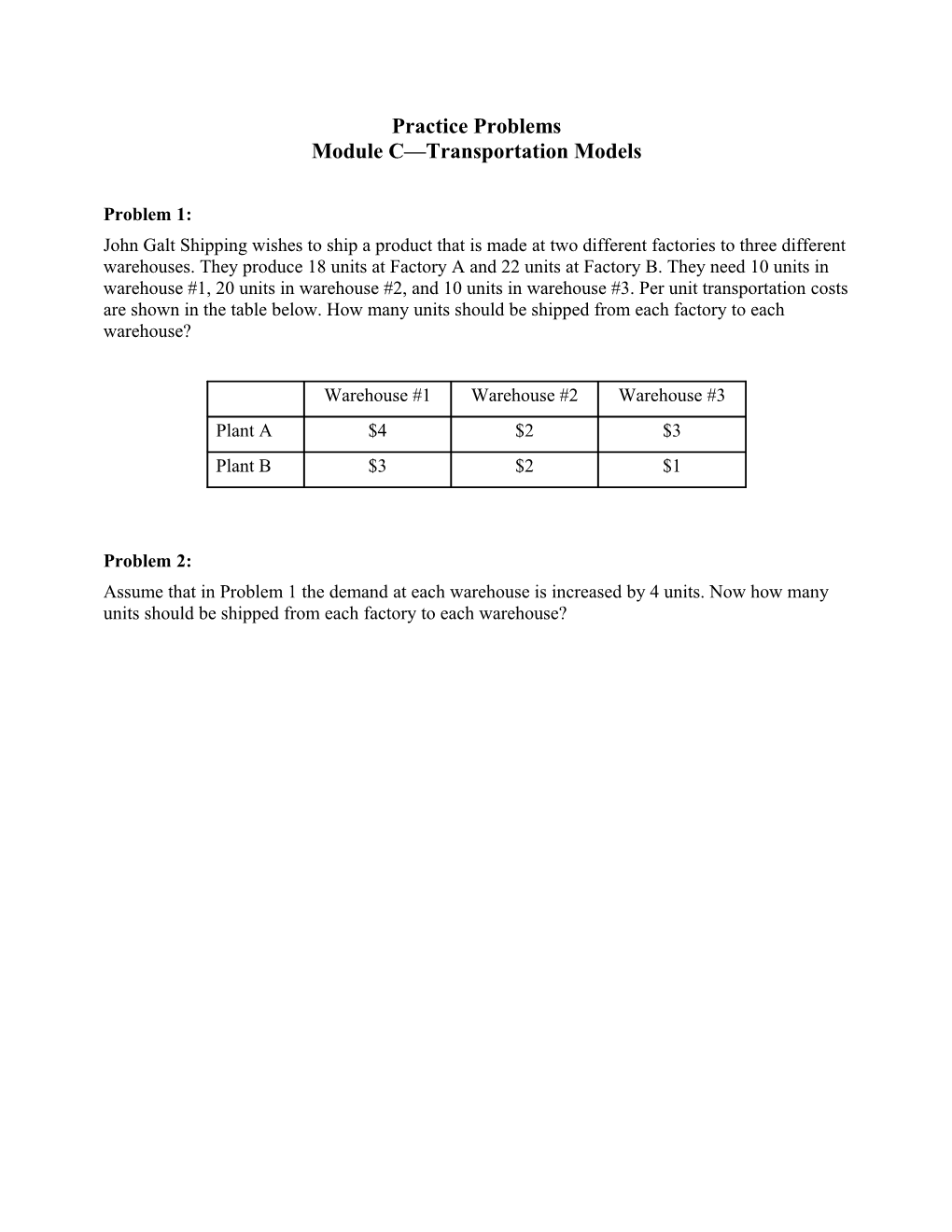 Practice Problems: Module C, Transportation Models