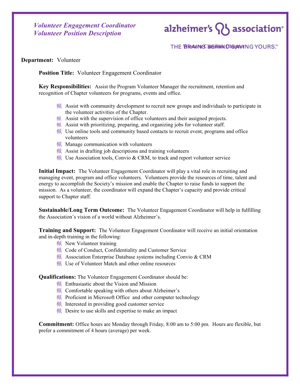 Volunteer Engagement Coordinator Volunteer Position Description