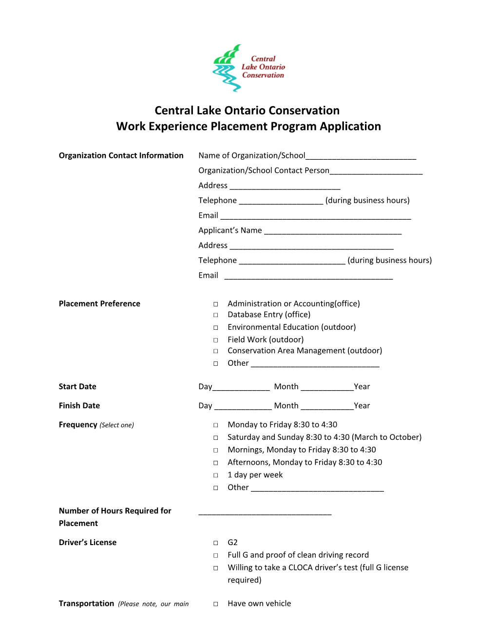 Work Experience Placement Program Application