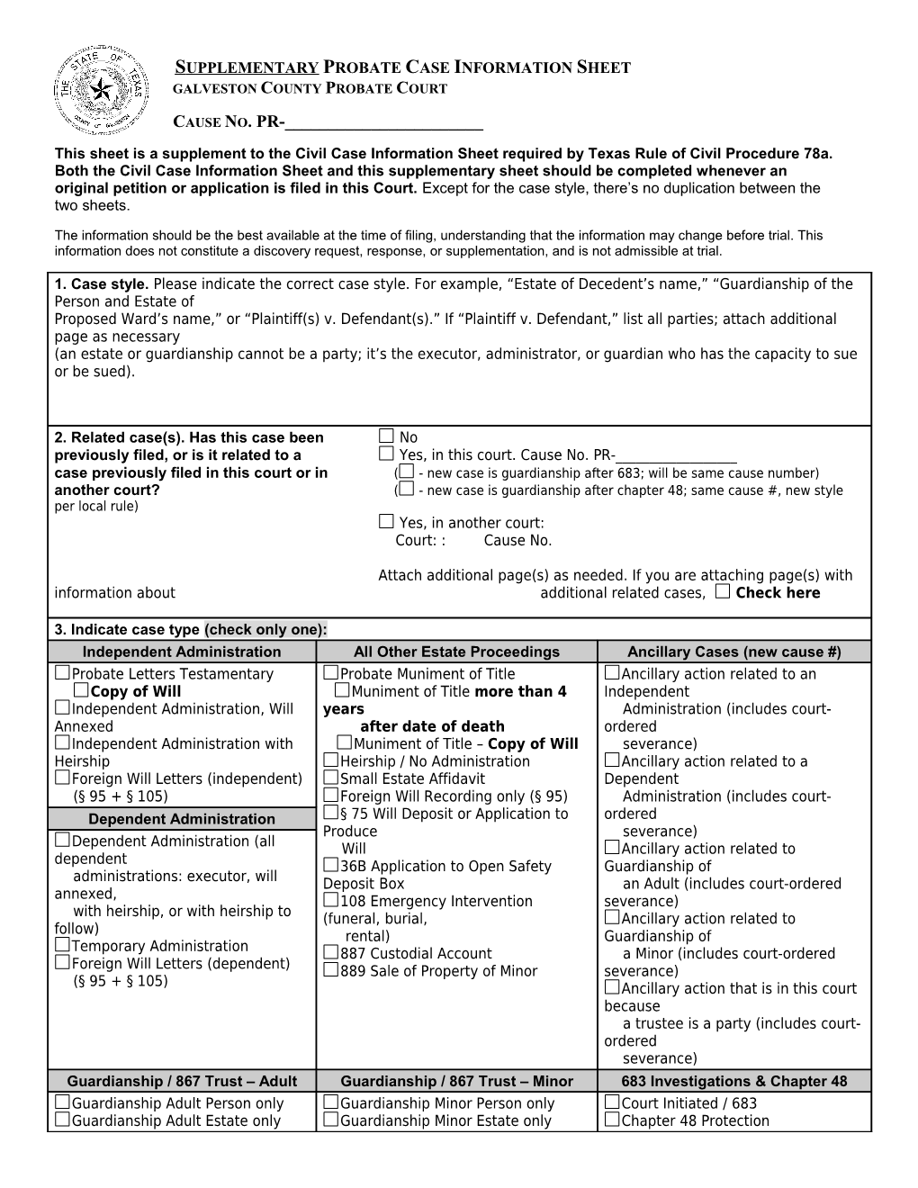 Supplementary Probate Case Information Sheet