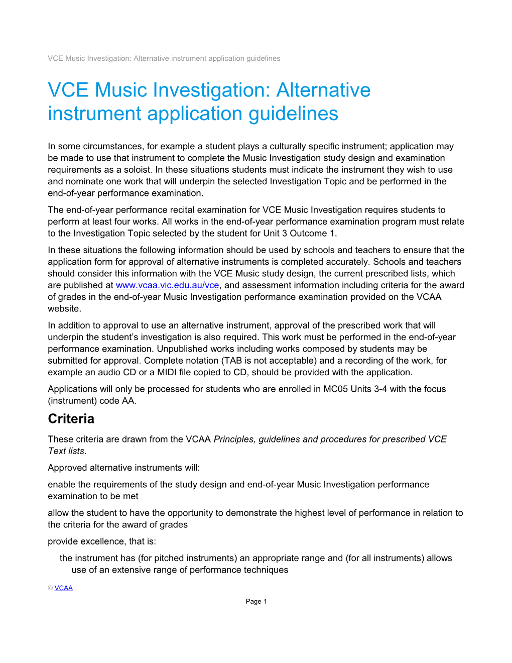 VCE Music Investigation: Alternative Instrument Application Guidelines