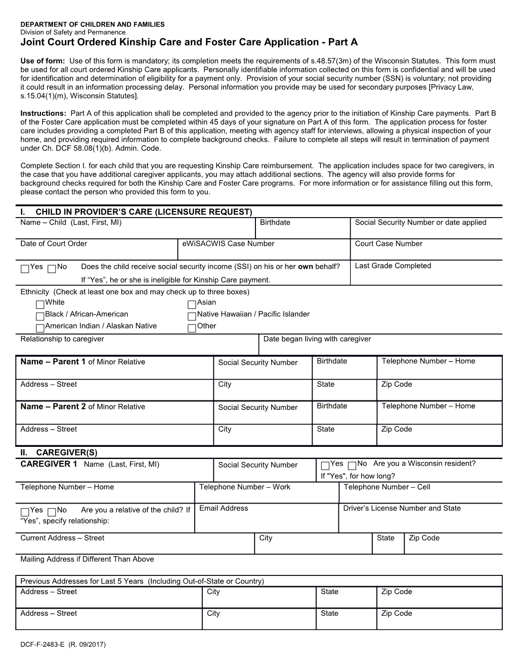Kinship Care Payment Application, CFS-2023