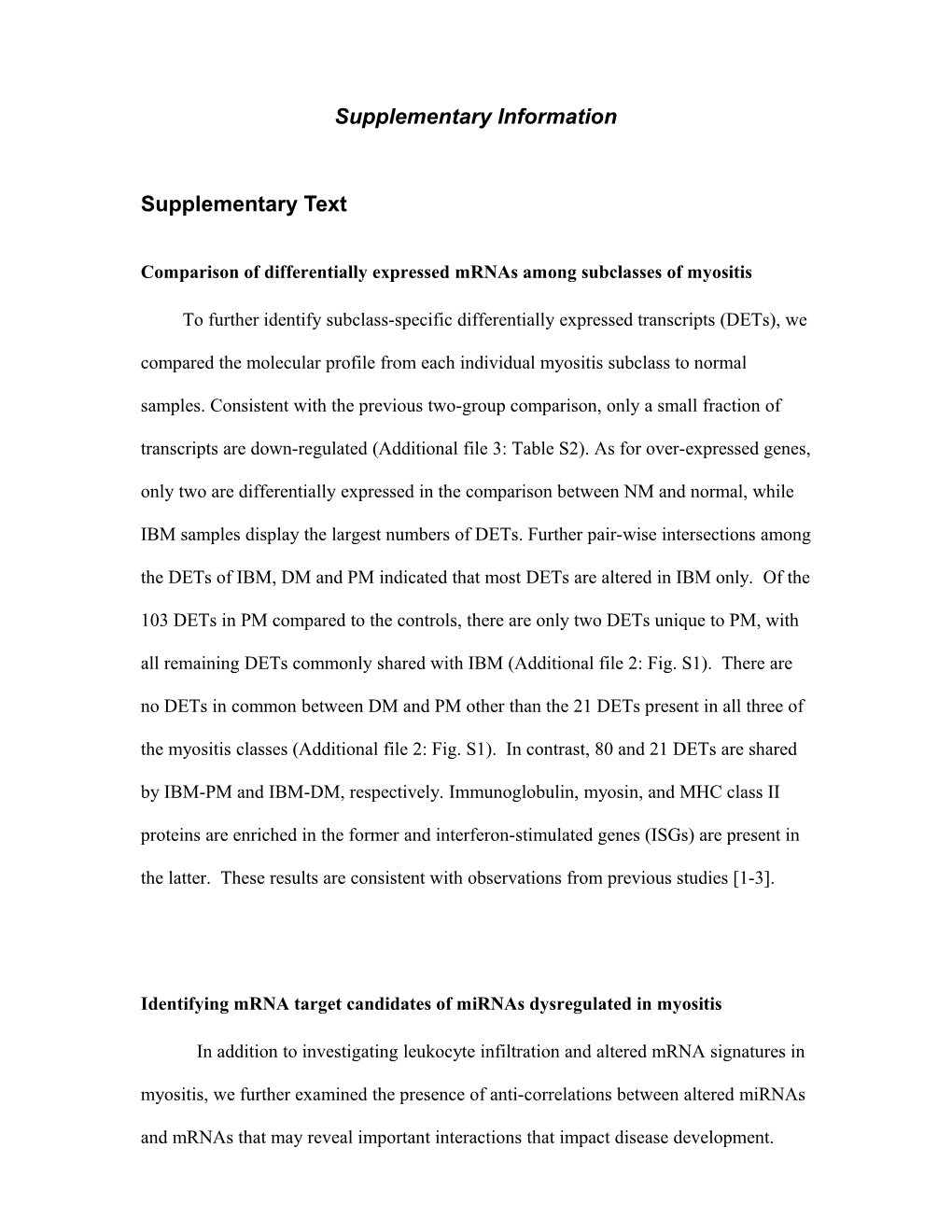 Comparison of Differentially Expressed Mrnas Among Subclasses of Myositis