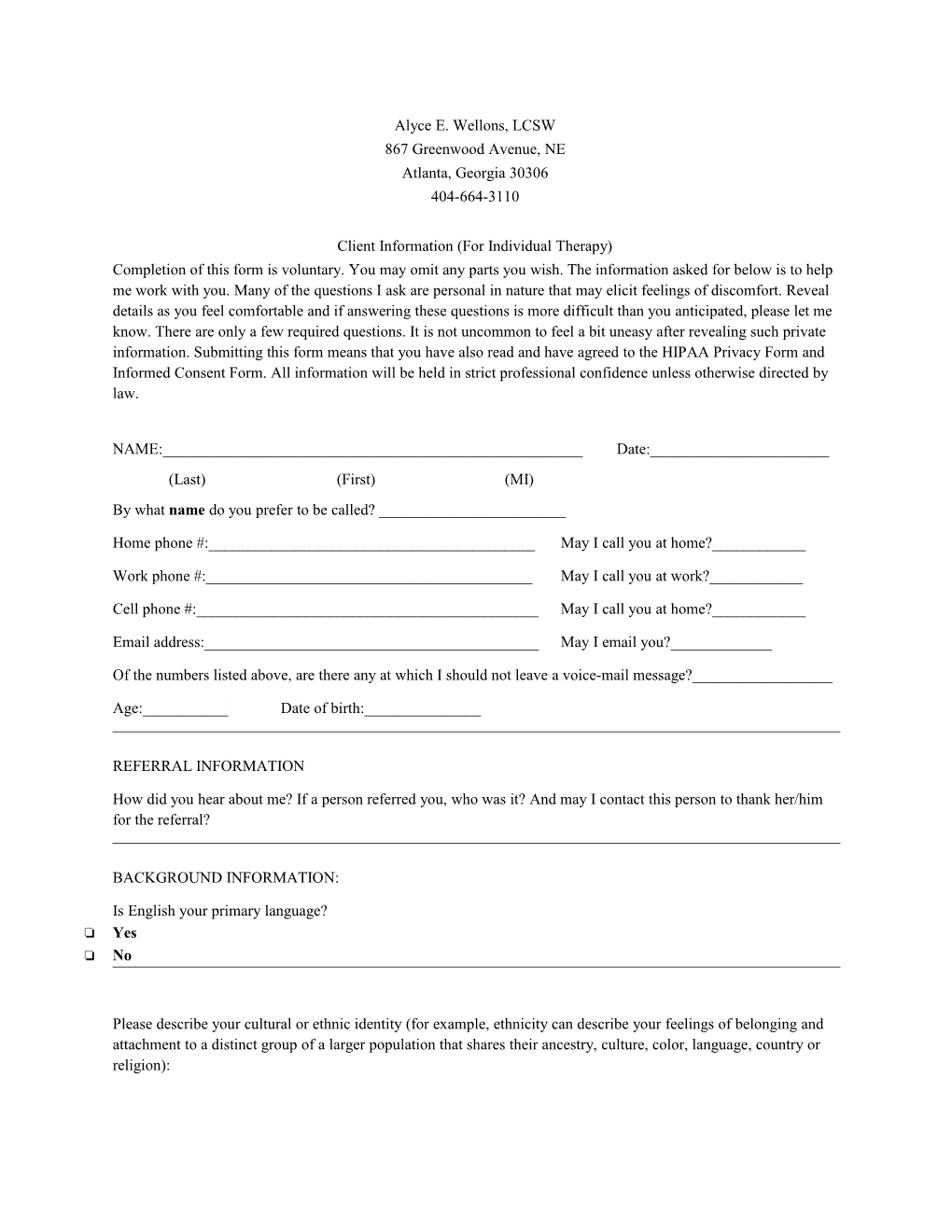 Initial Intake Form for Individual Clients - Alyce Wellons