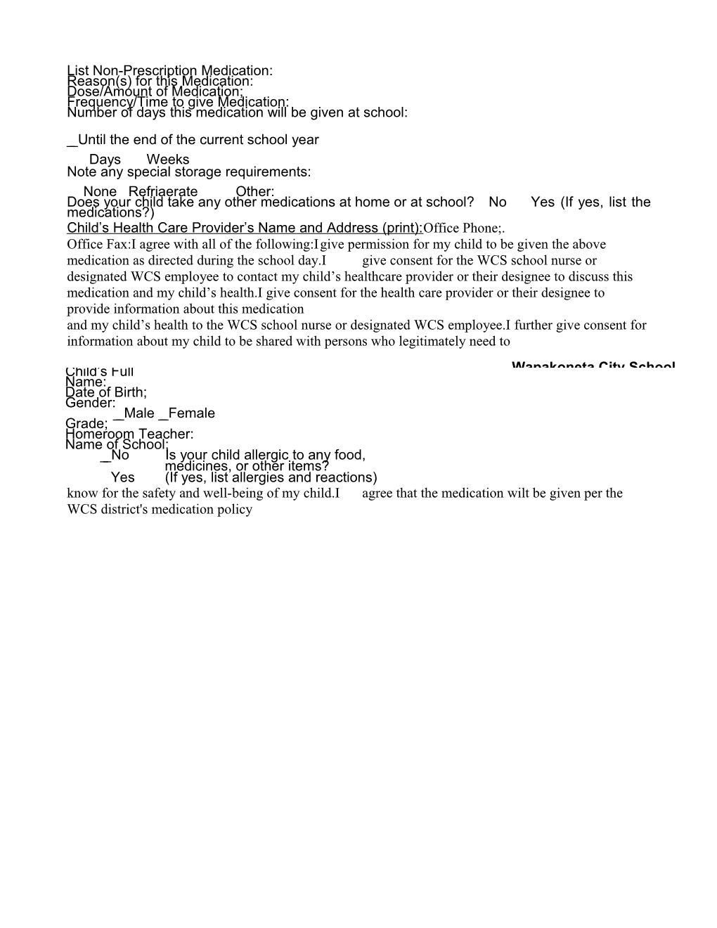 Wapakoneta City School Non-Prescription (OTC) Medication Permission for School Administration