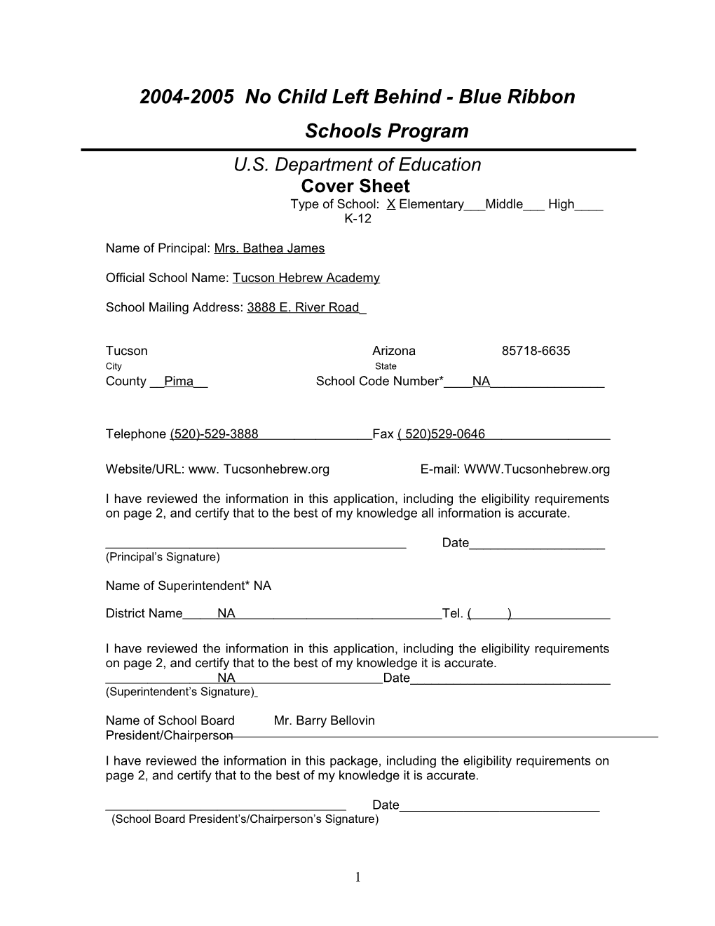 Tucson Hebrew Academy Application: 2004-2005, No Child Left Behind - Blue Ribbon Schools