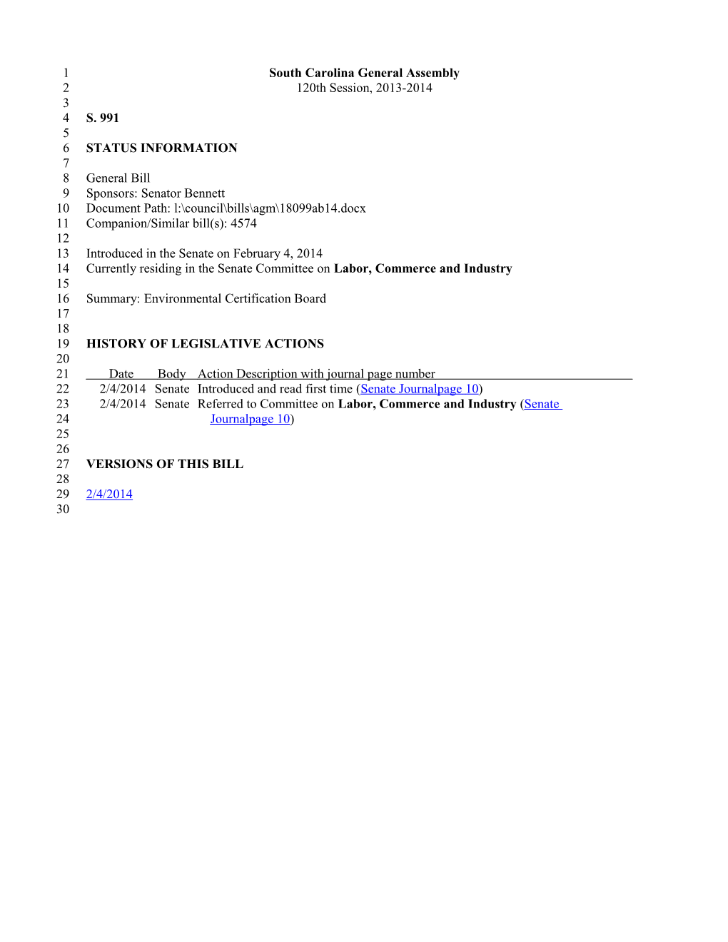 2013-2014 Bill 991: Environmental Certification Board - South Carolina Legislature Online