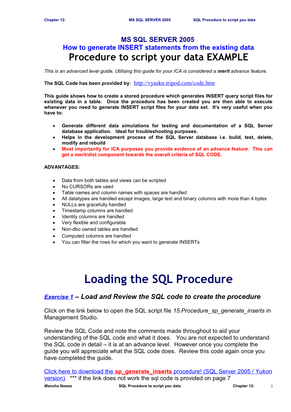 Chapter 12: MS SQL SERVER 2005 SQL Procedure to Script You Data