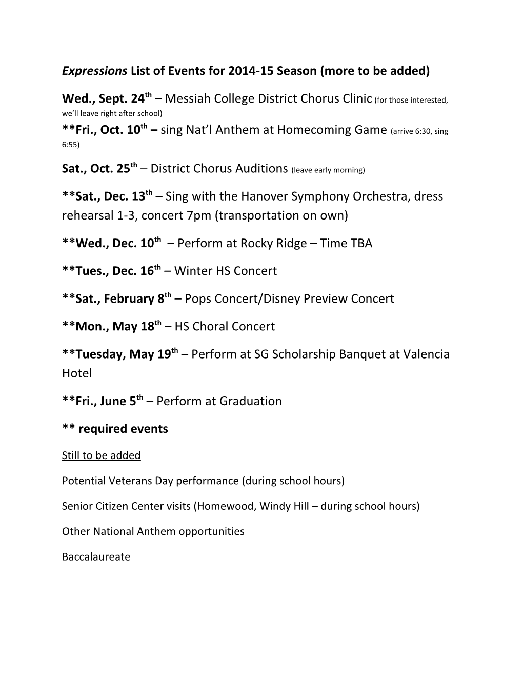 Expressions List of Events for 2014-15 Season (More to Be Added)
