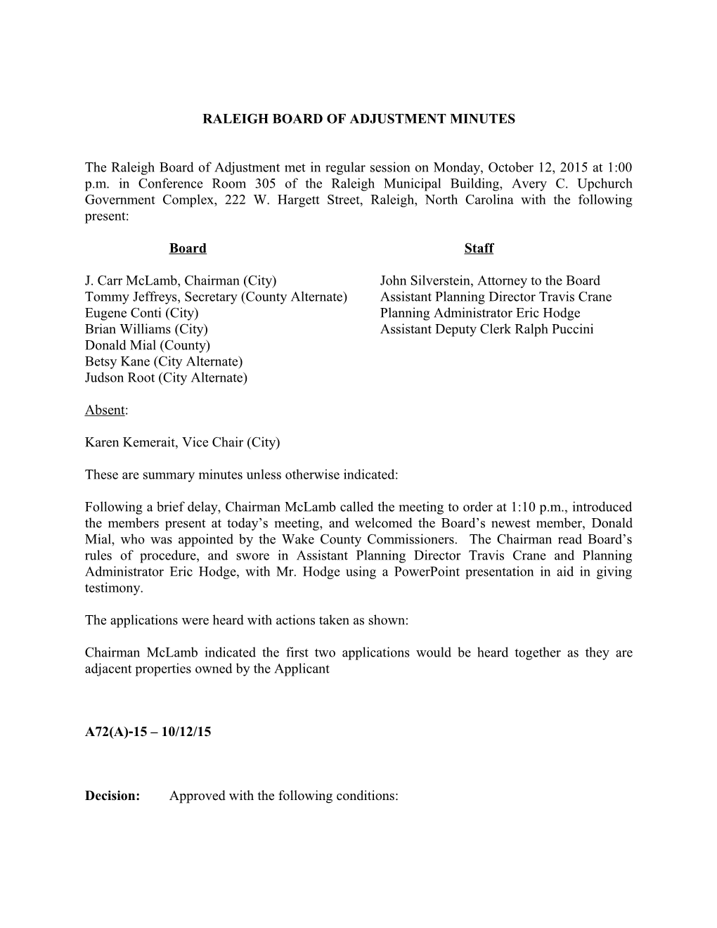 Raleigh Board of Adjustment Minutes - 10/12/2015