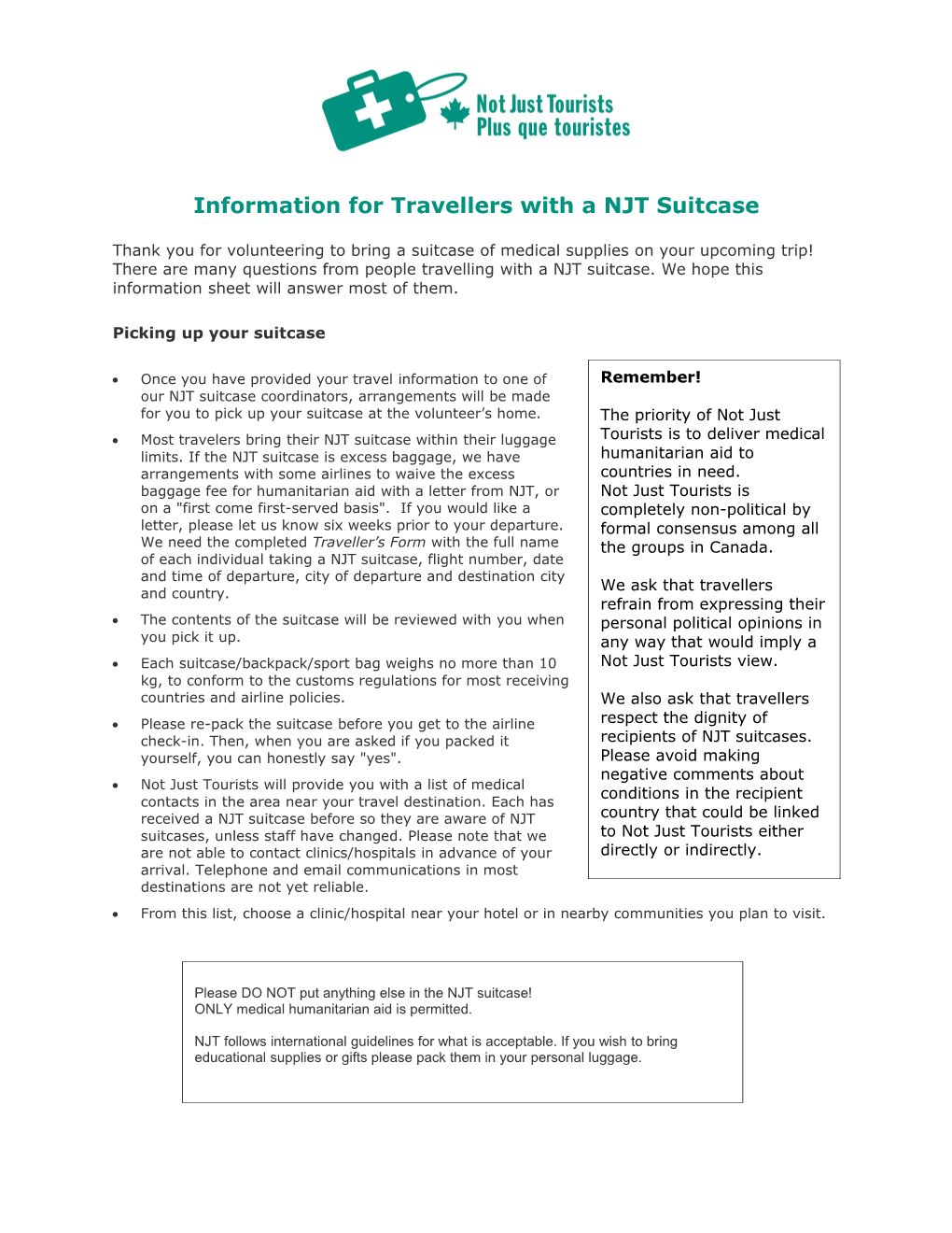 Information for Travellers with a NJT Suitcase