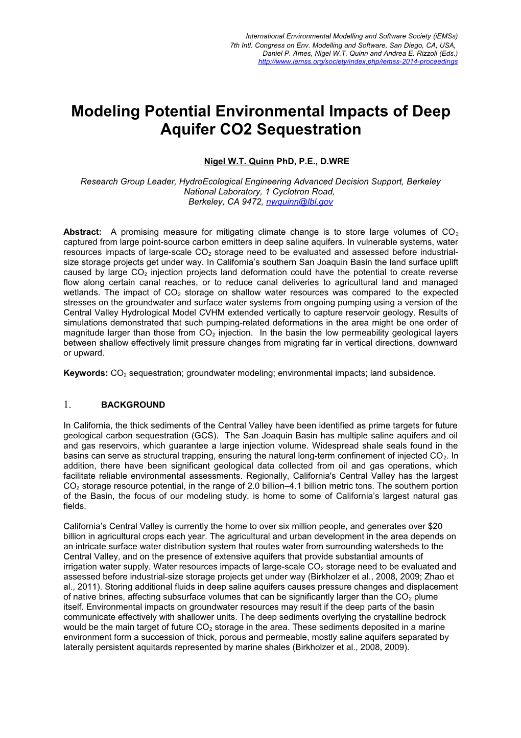 Modeling Potential Environmental Impacts of Deep Aquifer CO2 Sequestration