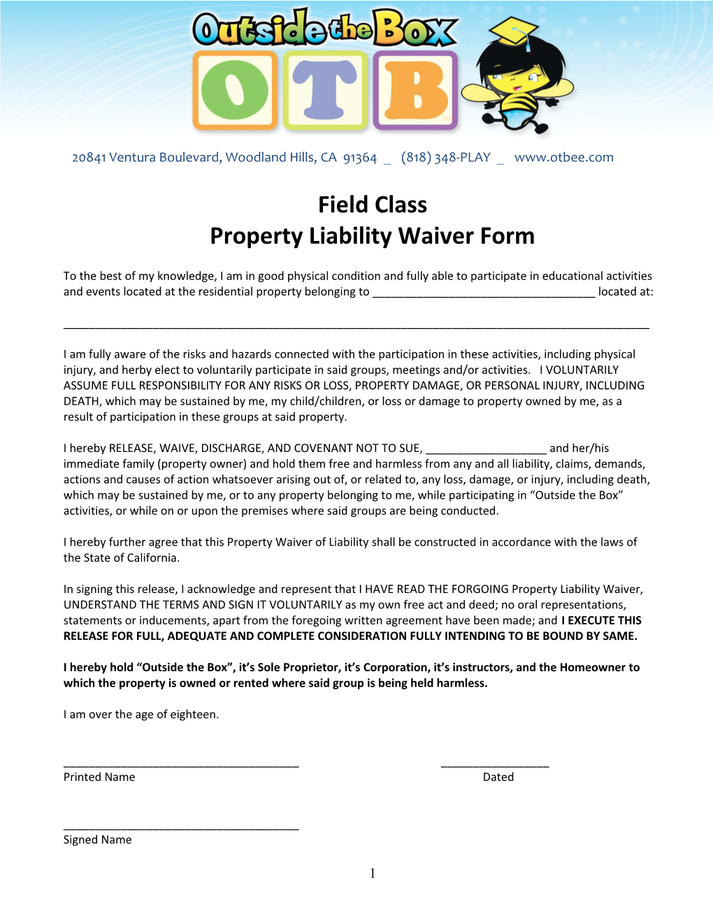 Property Liability Waiver Form
