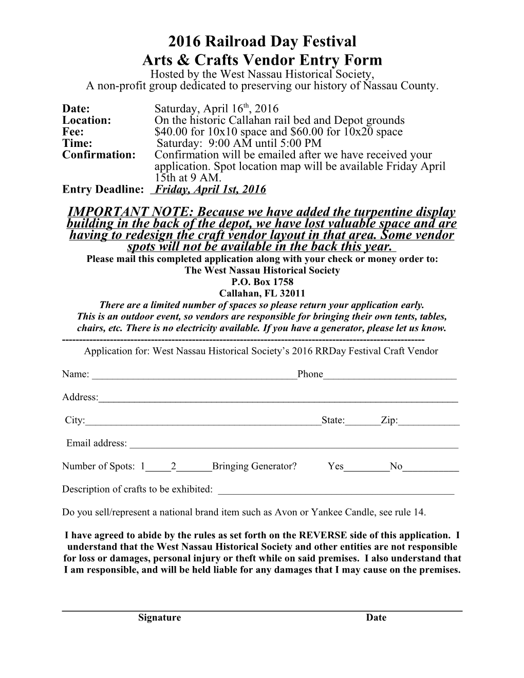 Arts & Crafts Vendor Entry Form