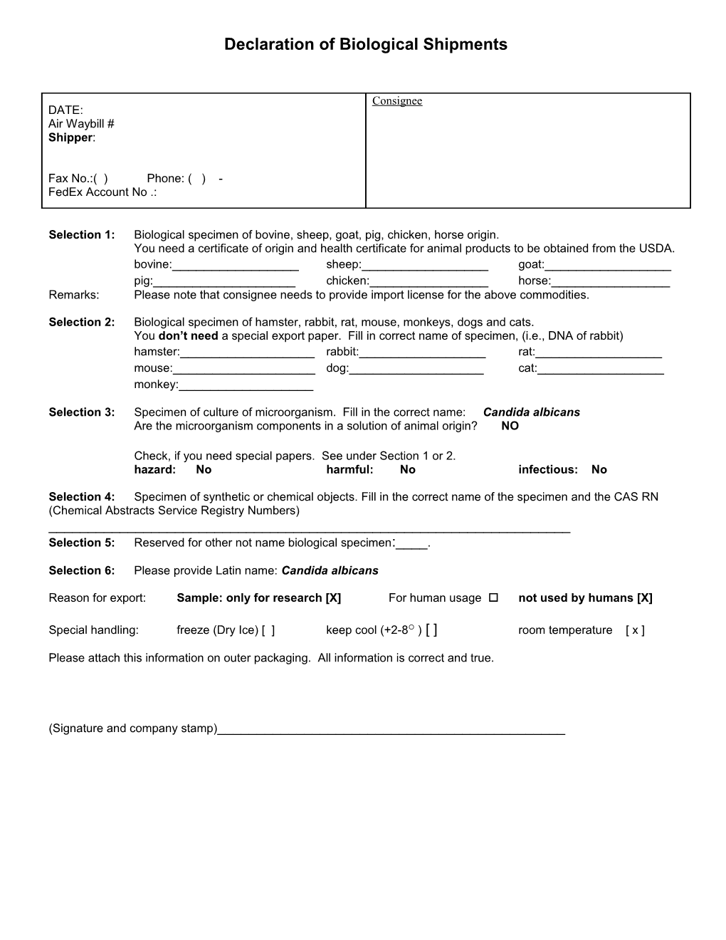 Declaration of Biological Shipments