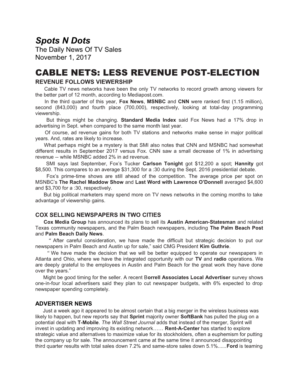 Cable Nets: Less Revenue Post-Election