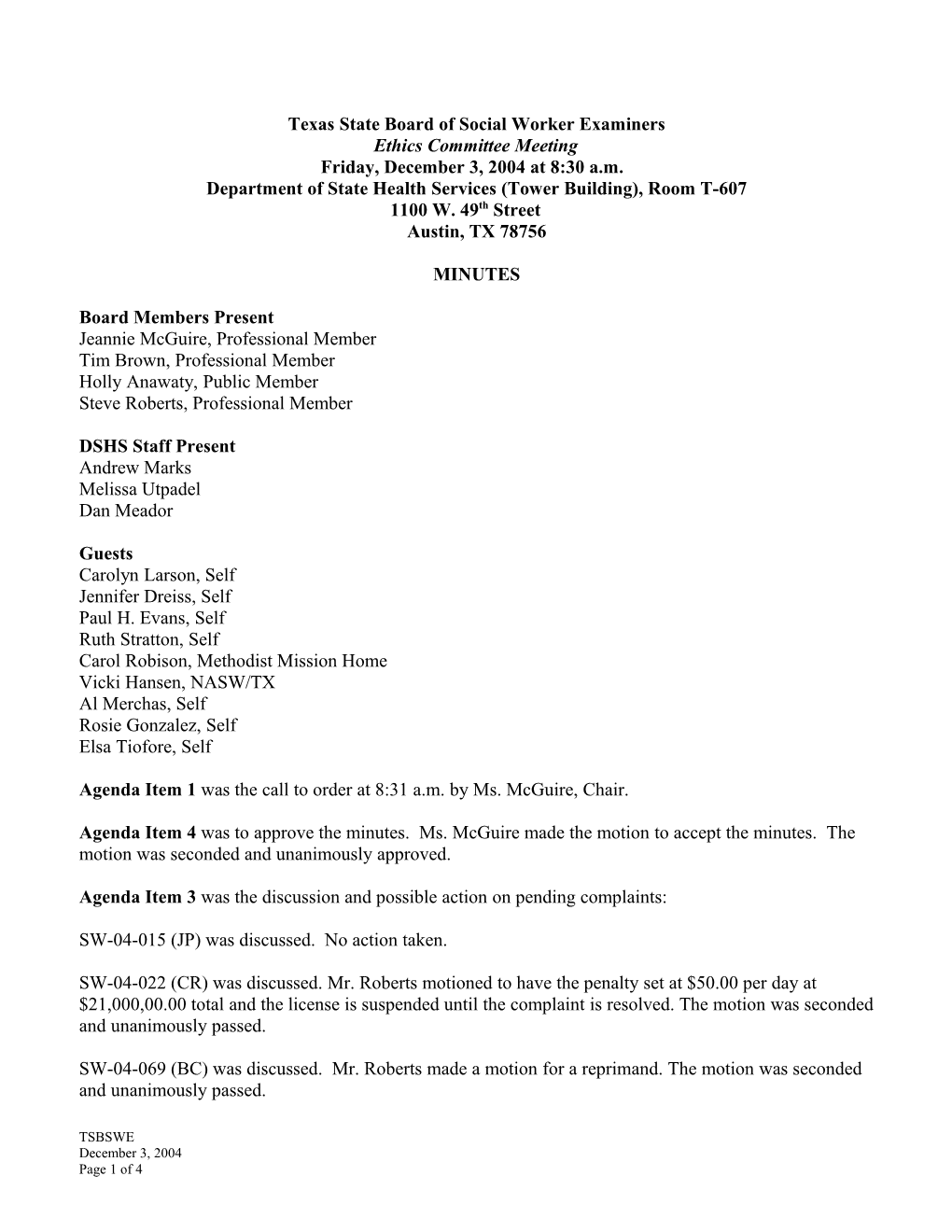 Ethics Committee Minutes December 2004