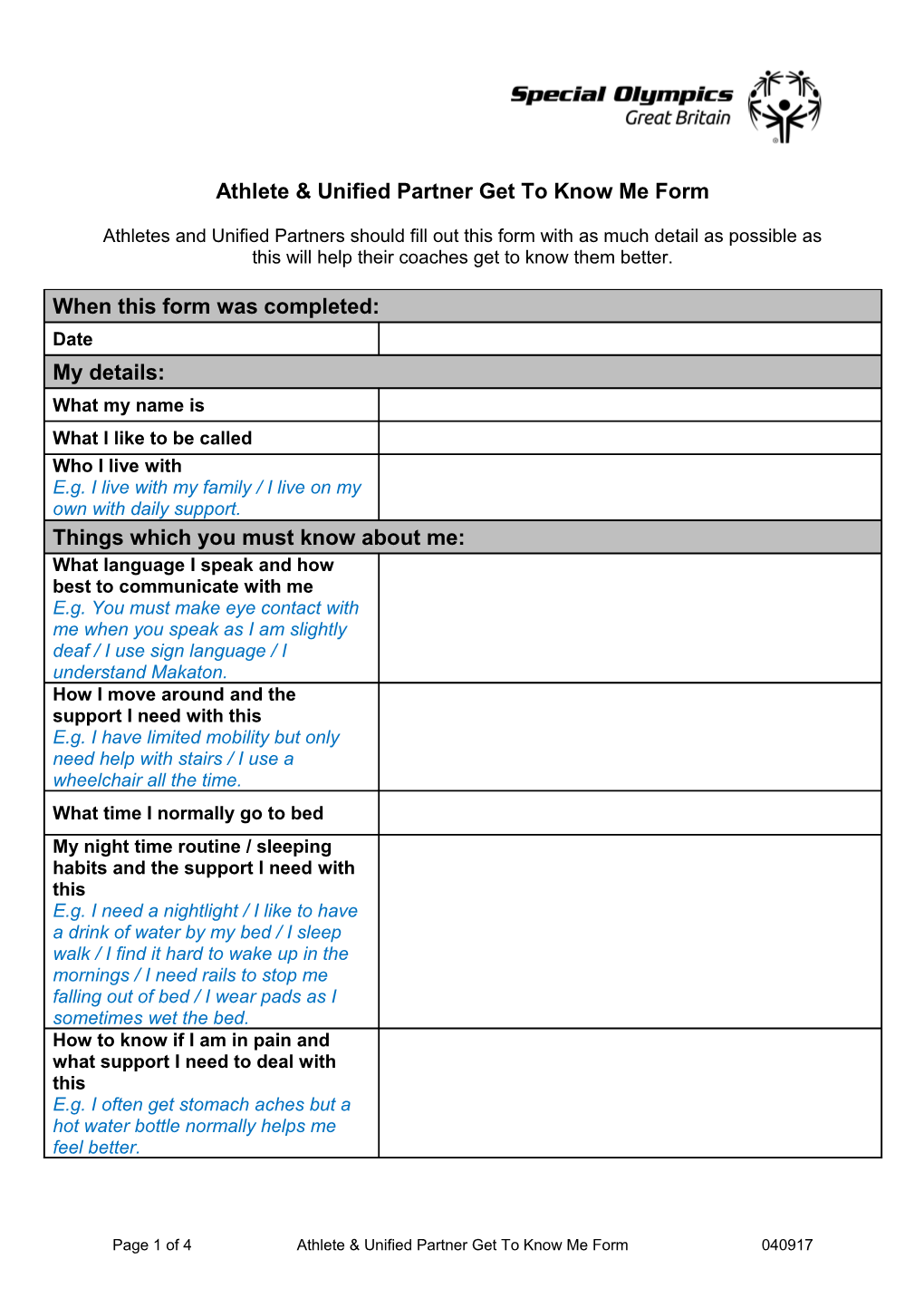 Athlete & Unified Partner Get to Know Me Form