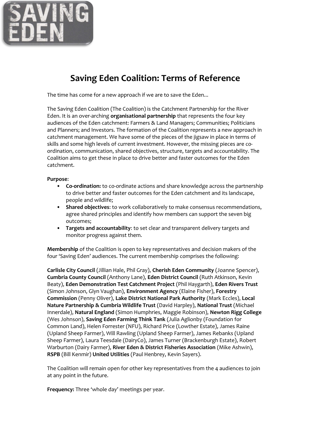 Saving Eden Coalition: Terms of Reference