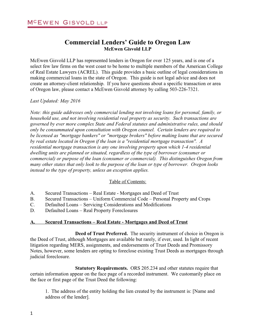 Commercial Lenders Guide to Oregon Law