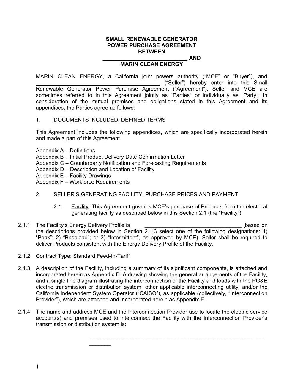 Small Renewable Generator Power Purchase Agreement Between ______And Marin Clean Energy