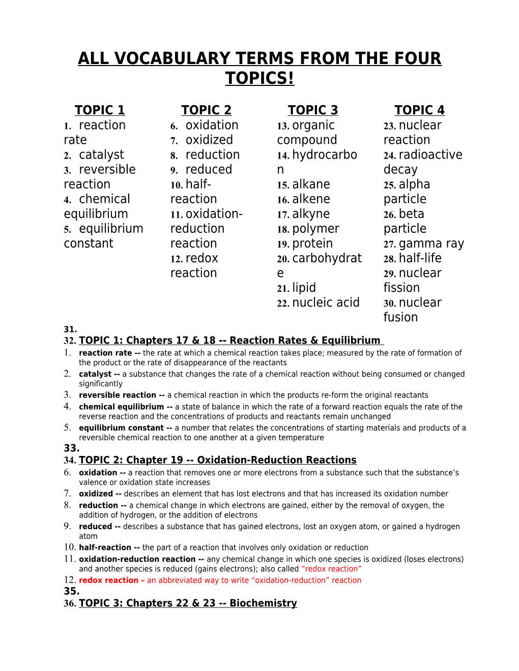 All Vocabulary Terms from the Four Topics!