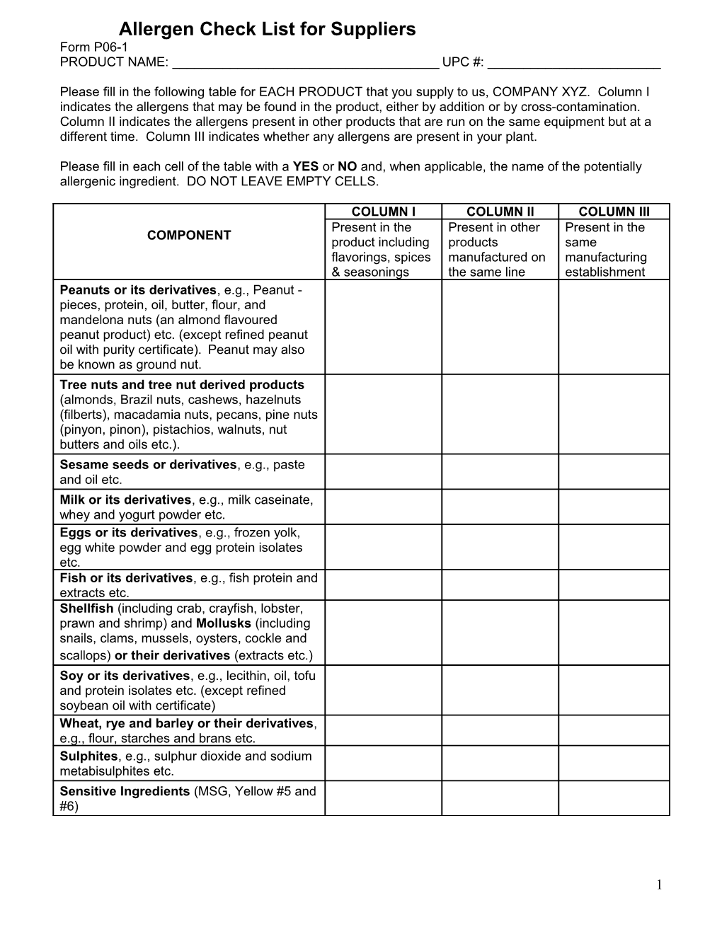 Allergen Check List for Suppliers